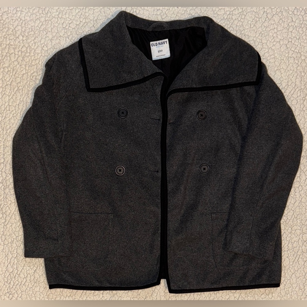 Old Navy Fleece Wrap Peacoat Jacket Hip Length Dark Gray Black Trim Women Small